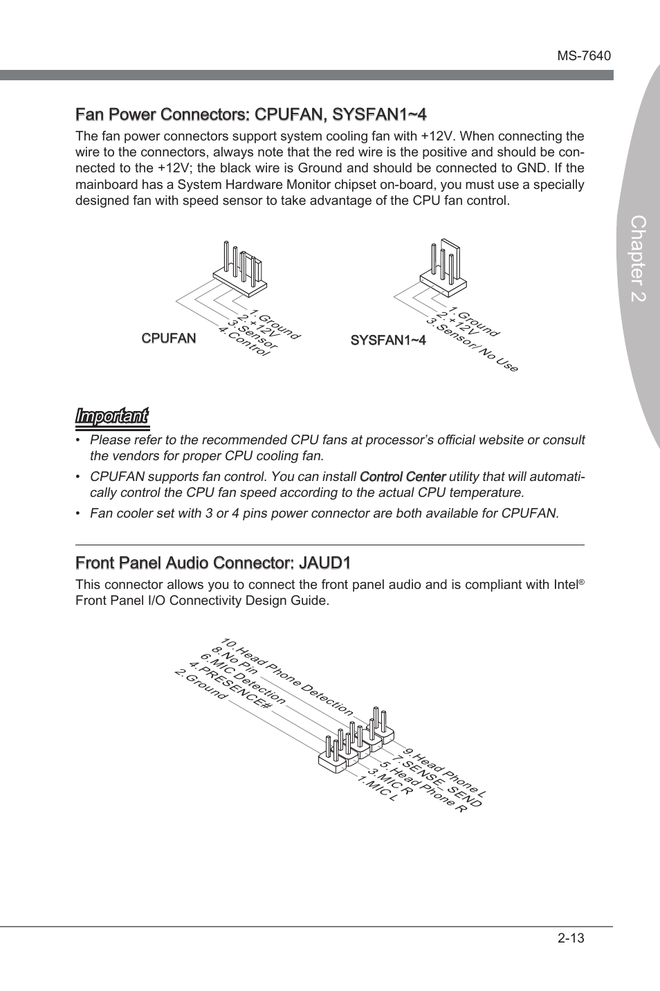 Chapter 2, Fan power connectors: cpufan, sysfan1~4, Important | Front panel audo connector: jaud1 | MSI 890FXA-GD65 User Manual | Page 29 / 80