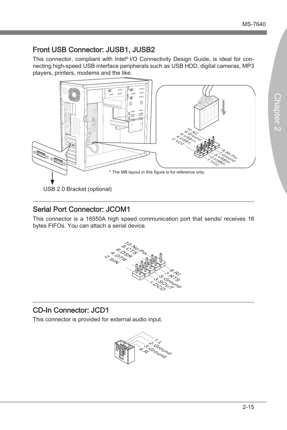 Chapter 2, Front usb connector: jusb1, jusb2, Seral port connector: jcom1 | Cd-in connector: jcd1 | MSI 890FXA-GD65 User Manual | Page 31 / 80