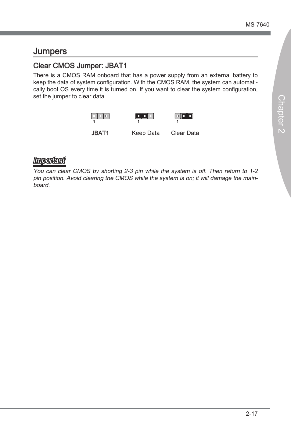 Jumpers, Jumpers -17, Chapter 2 | Chapter 2 jumpers, Clear cmos jumper: jbat1, Important | MSI 890FXA-GD65 User Manual | Page 33 / 80