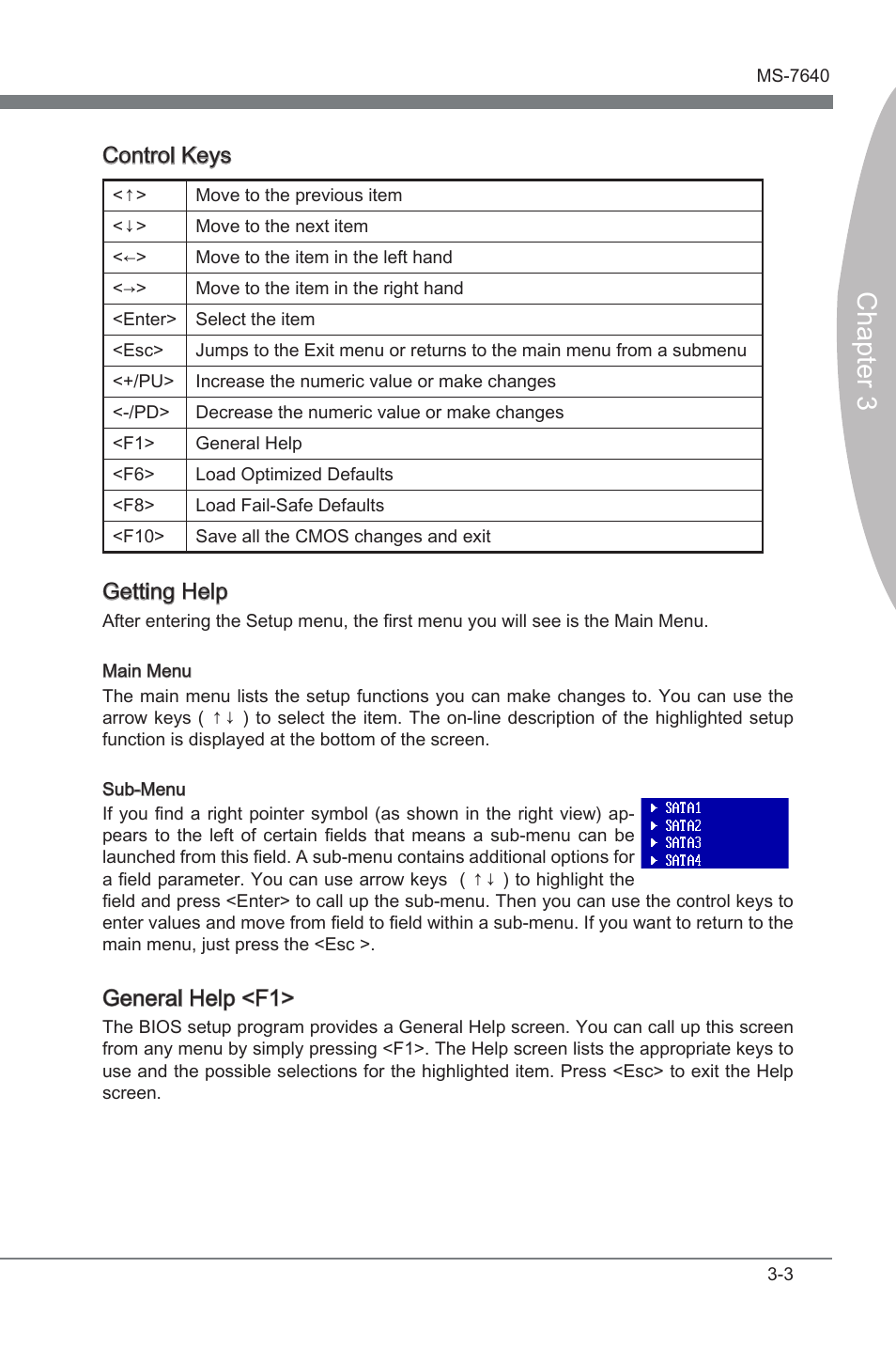 Chapter 3, Control keys, Gettng help | General help <f1 | MSI 890FXA-GD65 User Manual | Page 39 / 80