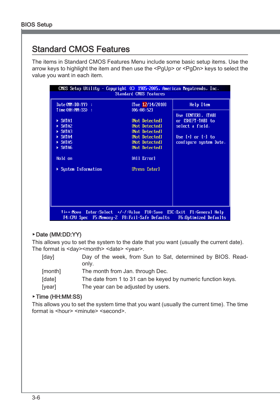 Standard cmos features, Standard cmos features -6, Chapter 3 | Chapter 3 standard cmos features | MSI 890FXA-GD65 User Manual | Page 42 / 80