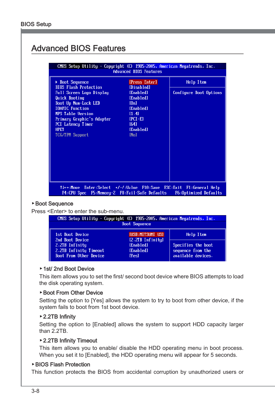 Advanced bios features, Advanced bios features -8, Chapter 3 | Chapter 3 advanced bios features | MSI 890FXA-GD65 User Manual | Page 44 / 80