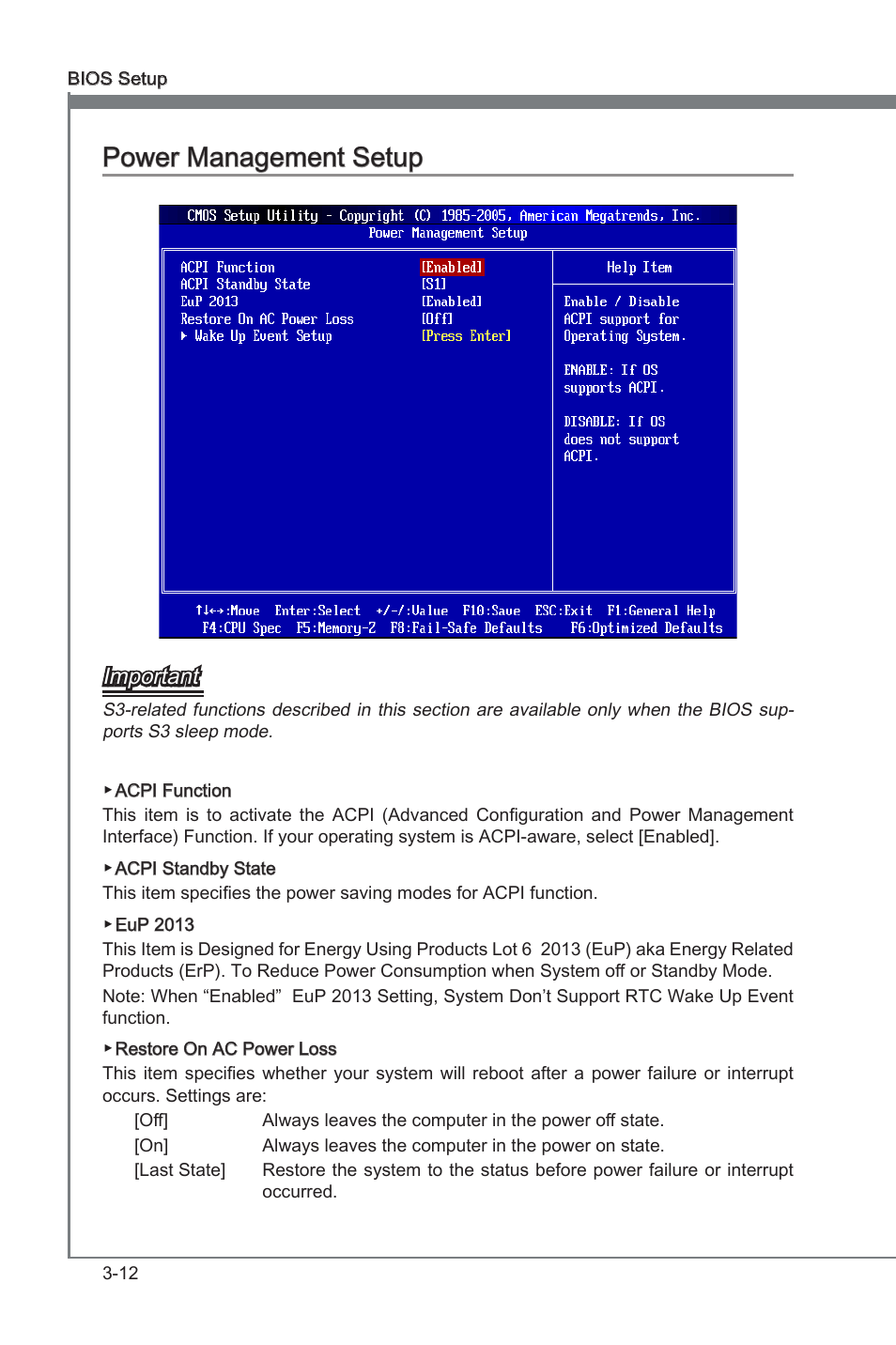 Power management setup, Power management setup -12, Chapter 3 | Chapter 3 power management setup, Important | MSI 890FXA-GD65 User Manual | Page 48 / 80