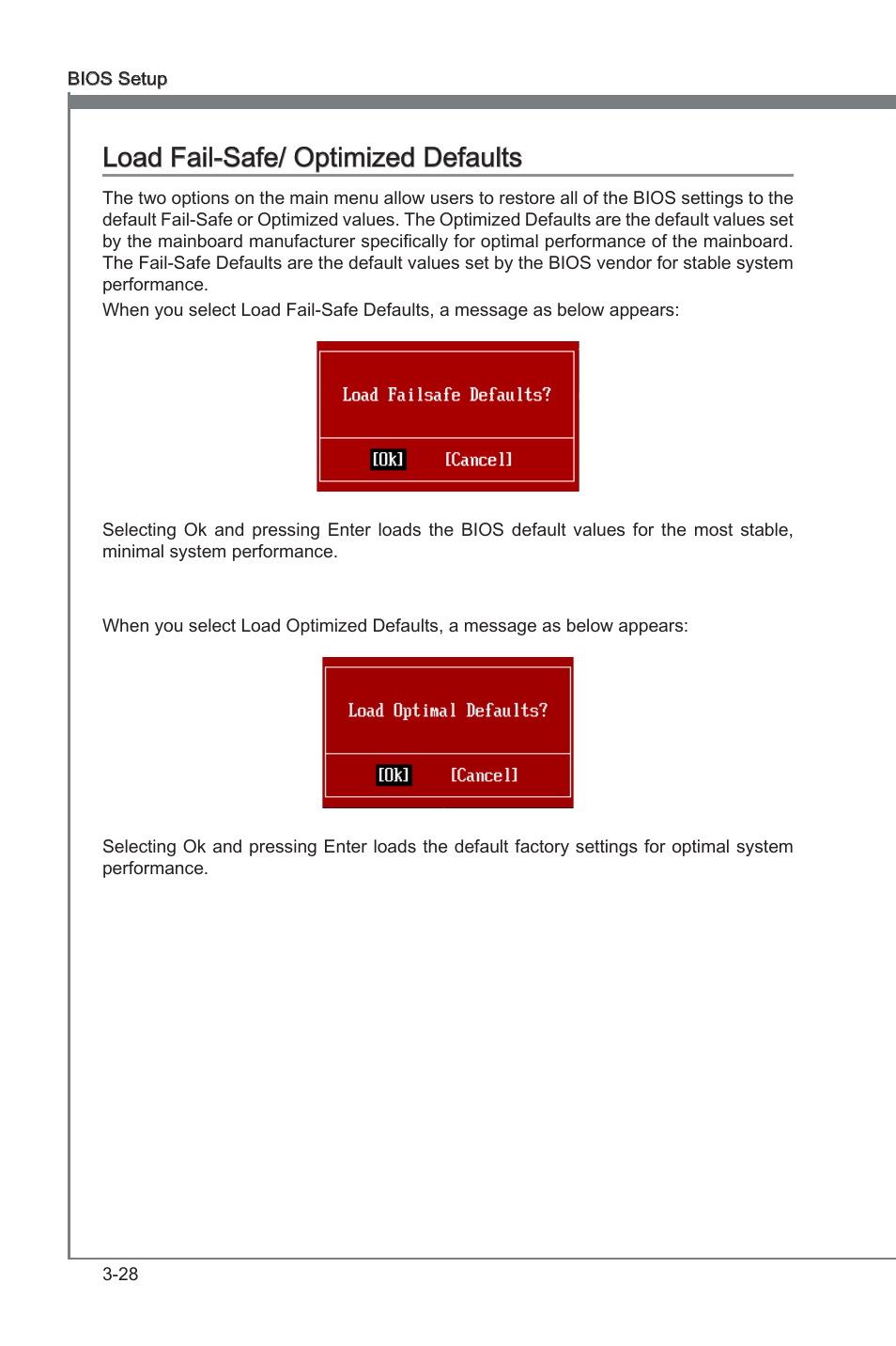 Load fail-safe/ optimized defaults, Load fal-safe/ optmzed defaults -28, Chapter 3 load fal-safe/ optmzed defaults | MSI 890FXA-GD65 User Manual | Page 64 / 80