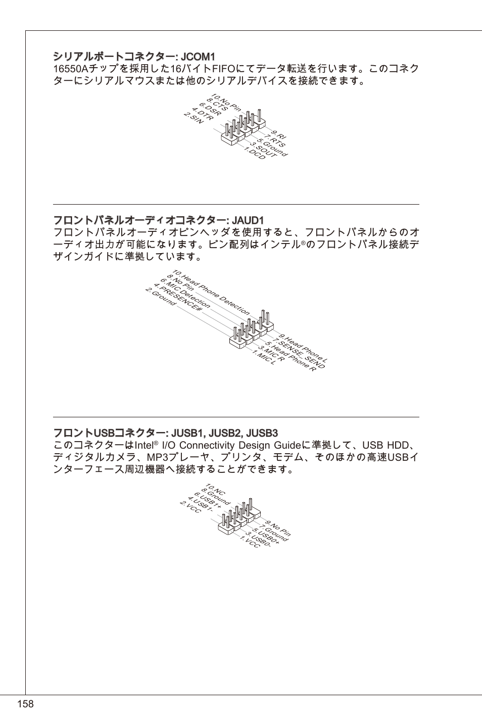 のフロントパネル接続デ ザインガイドに準拠しています, フロントusbコネクター: jusb, jusb2, jusb3 このコネクターはintel | MSI 880GMA-E35 (FX) User Manual | Page 158 / 169