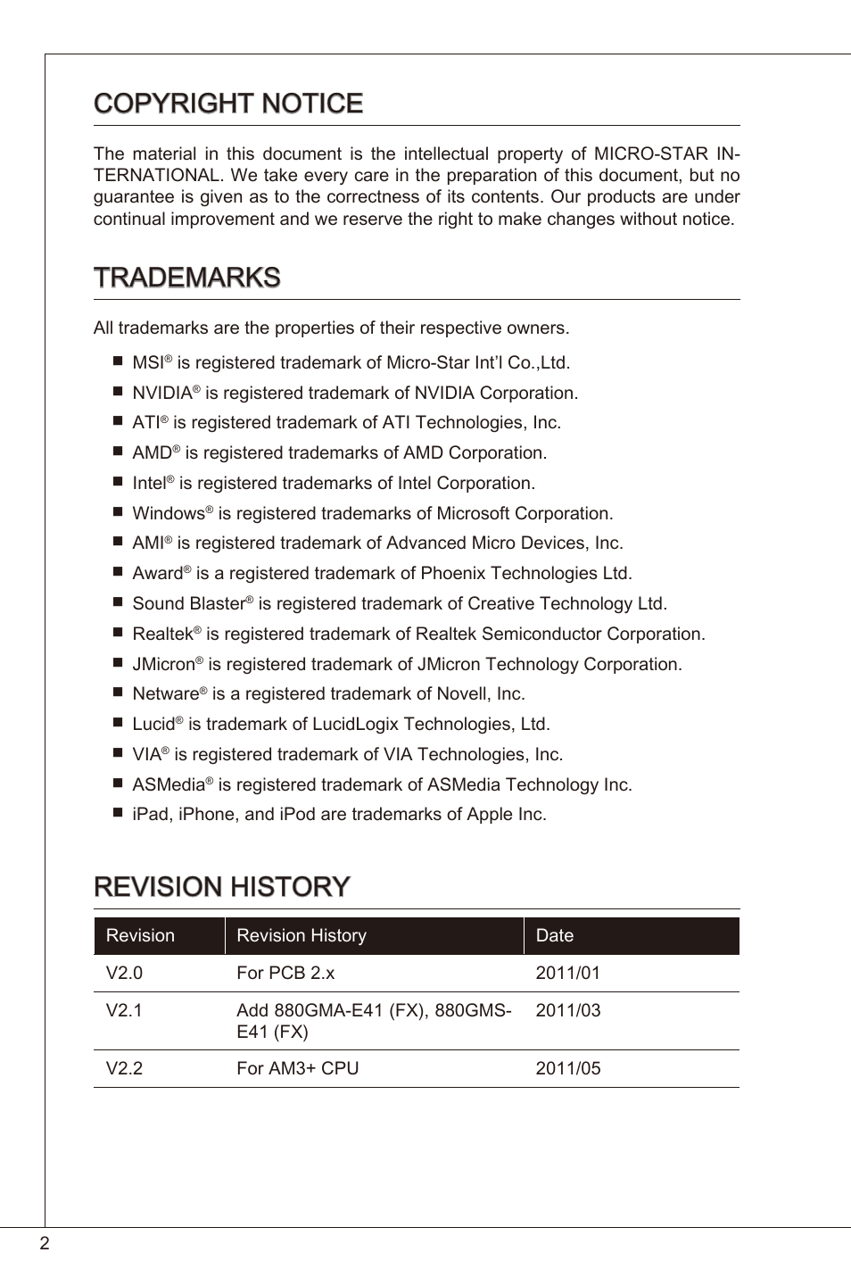 Copyright notice, Trademarks, Revision history | MSI 880GMA-E35 (FX) User Manual | Page 2 / 169
