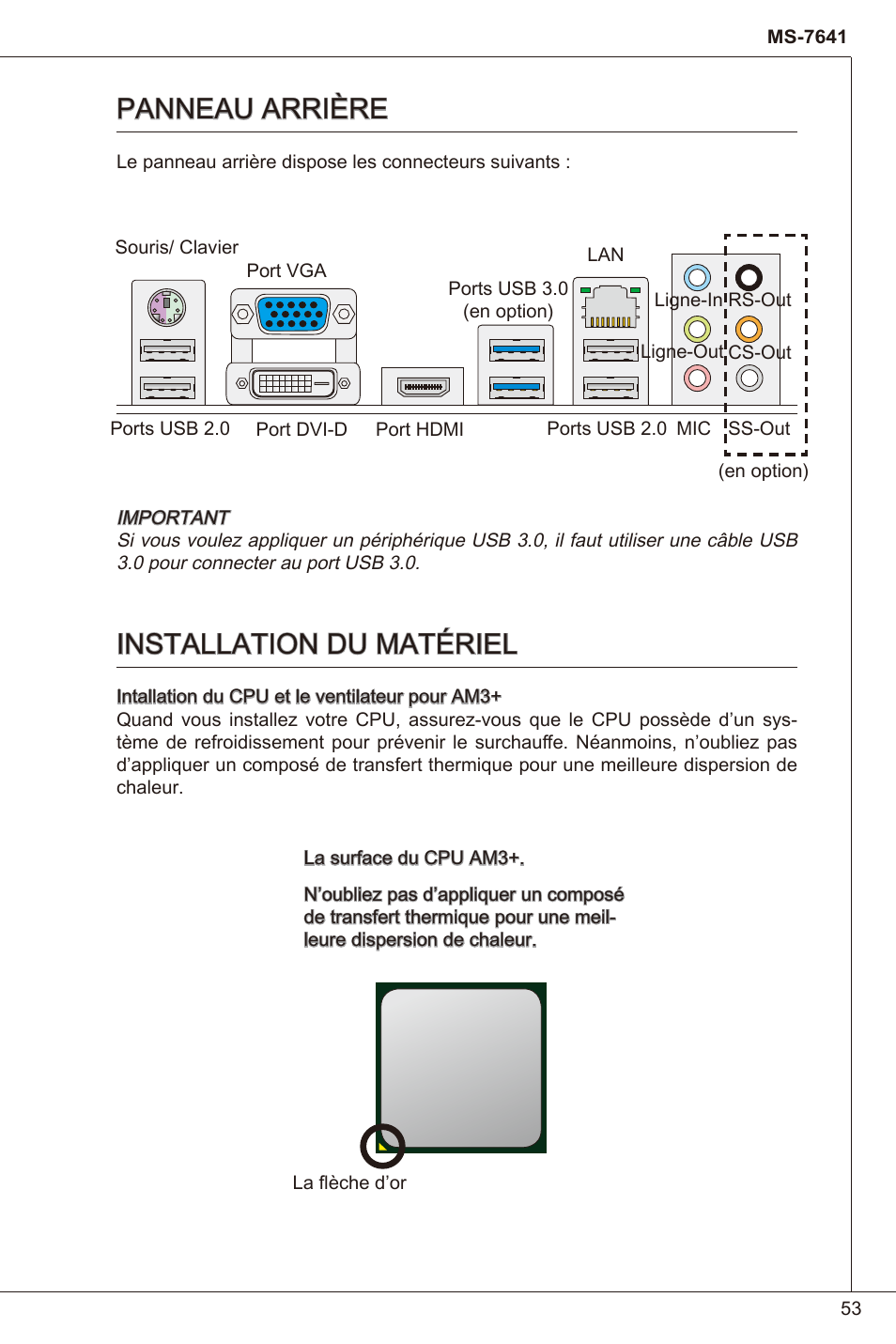 Panneau arrière, Installation du matériel, Panneau arrière installation du matériel | MSI 880GMA-E35 (FX) User Manual | Page 53 / 169