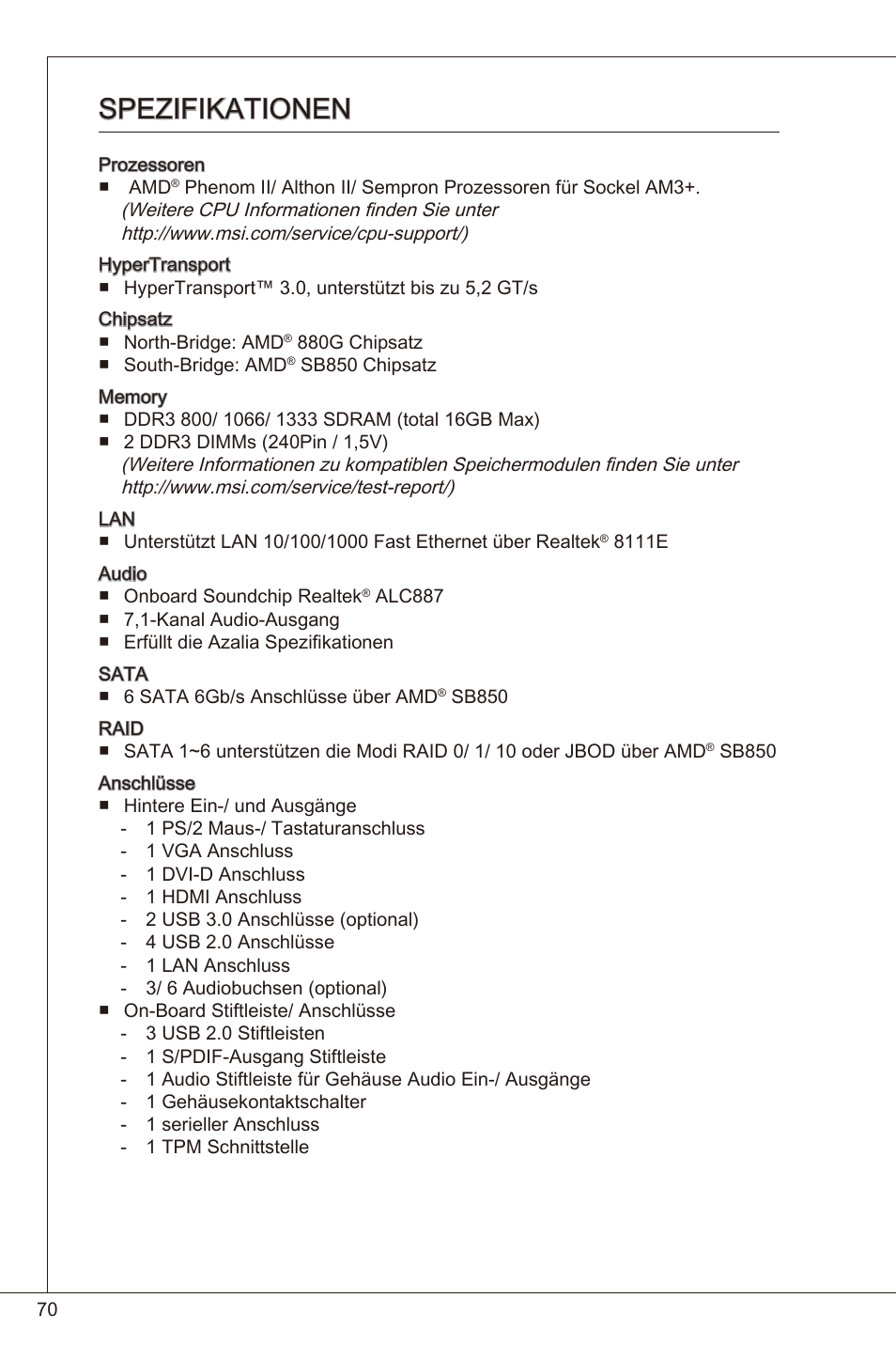 Spezifikationen | MSI 880GMA-E35 (FX) User Manual | Page 70 / 169