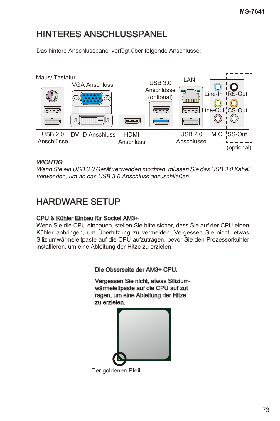 Hinteres anschlusspanel, Hardware setup, Hinteres anschlusspanel hardware setup | MSI 880GMA-E35 (FX) User Manual | Page 73 / 169