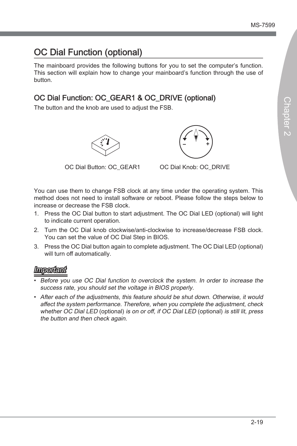 Oc dial function (optional), Oc dal functon (optonal) -19, Chapter 2 | Chapter 2 oc dal functon (optonal), Oc dal functon: oc_gear1 & oc_drive (optonal), Important | MSI 870S-G54 User Manual | Page 34 / 83