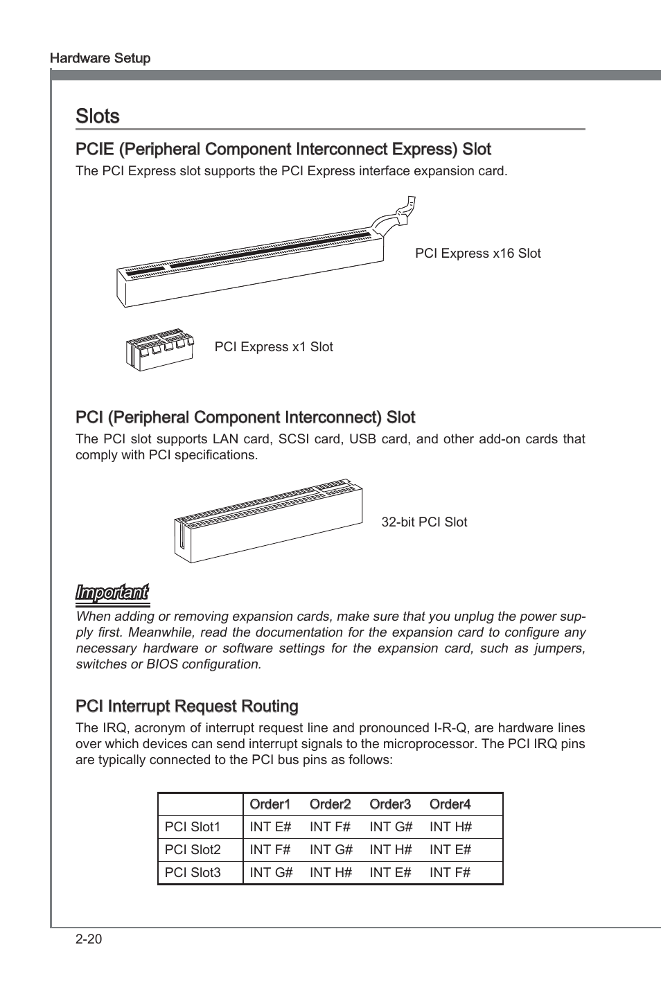 Slots, Slots -20, Chapter 2 | Chapter 2 slots, Pci (perpheral component interconnect) slot, Important, Pci interrupt request routng | MSI 870S-G54 User Manual | Page 35 / 83