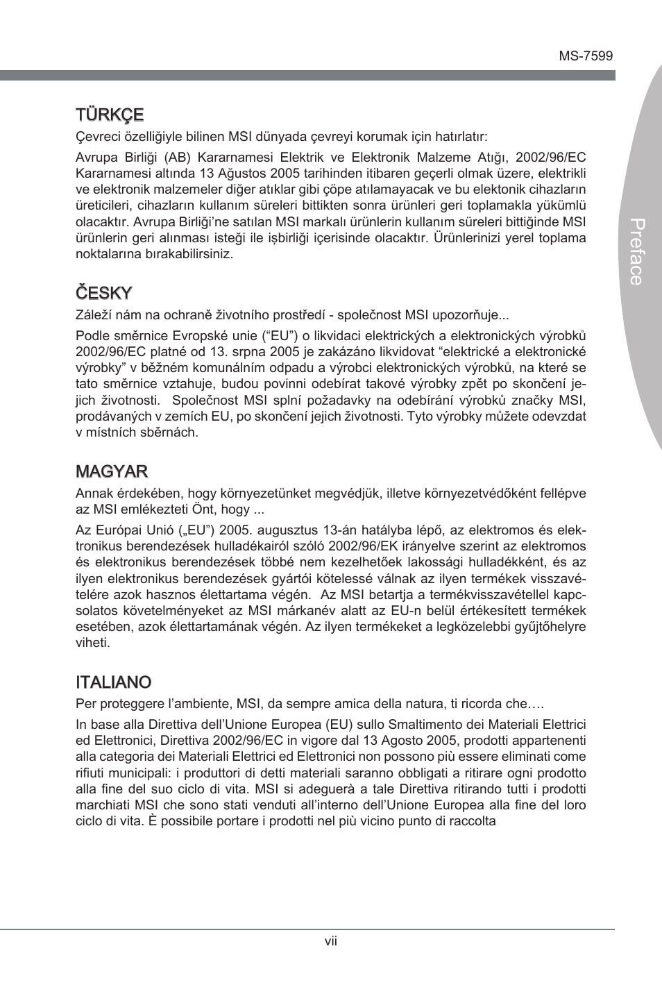 Preface, Türkçe, Česky | Magyar, Italiano | MSI 870S-G54 User Manual | Page 7 / 83