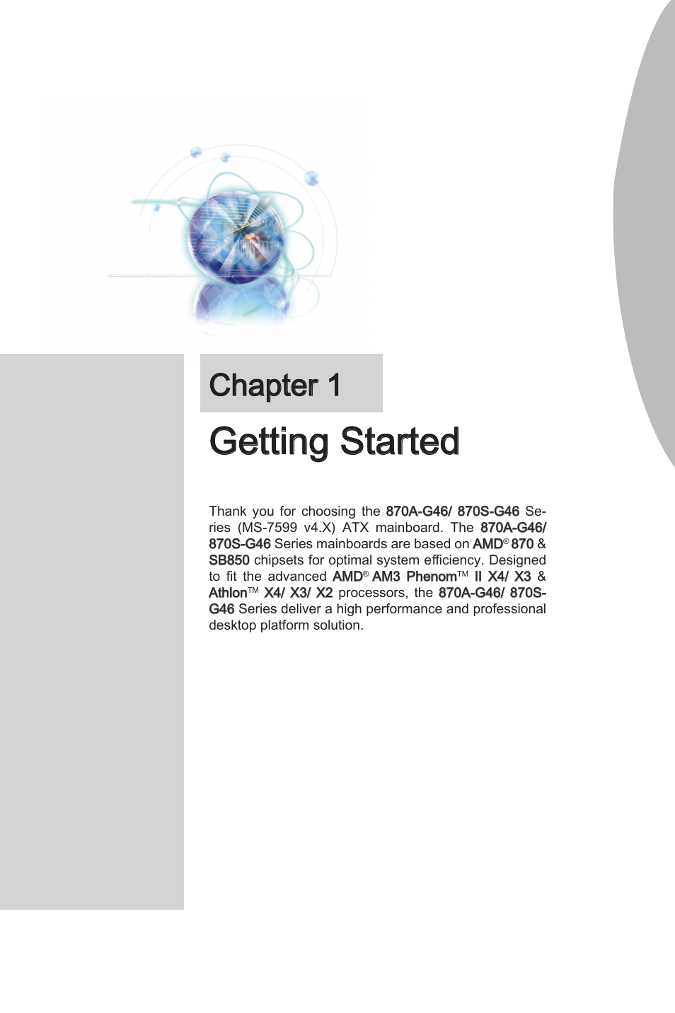 Chapter 1 gettng started -1, Gettng started, Chapter 1 | MSI 870A-G46 User Manual | Page 11 / 80