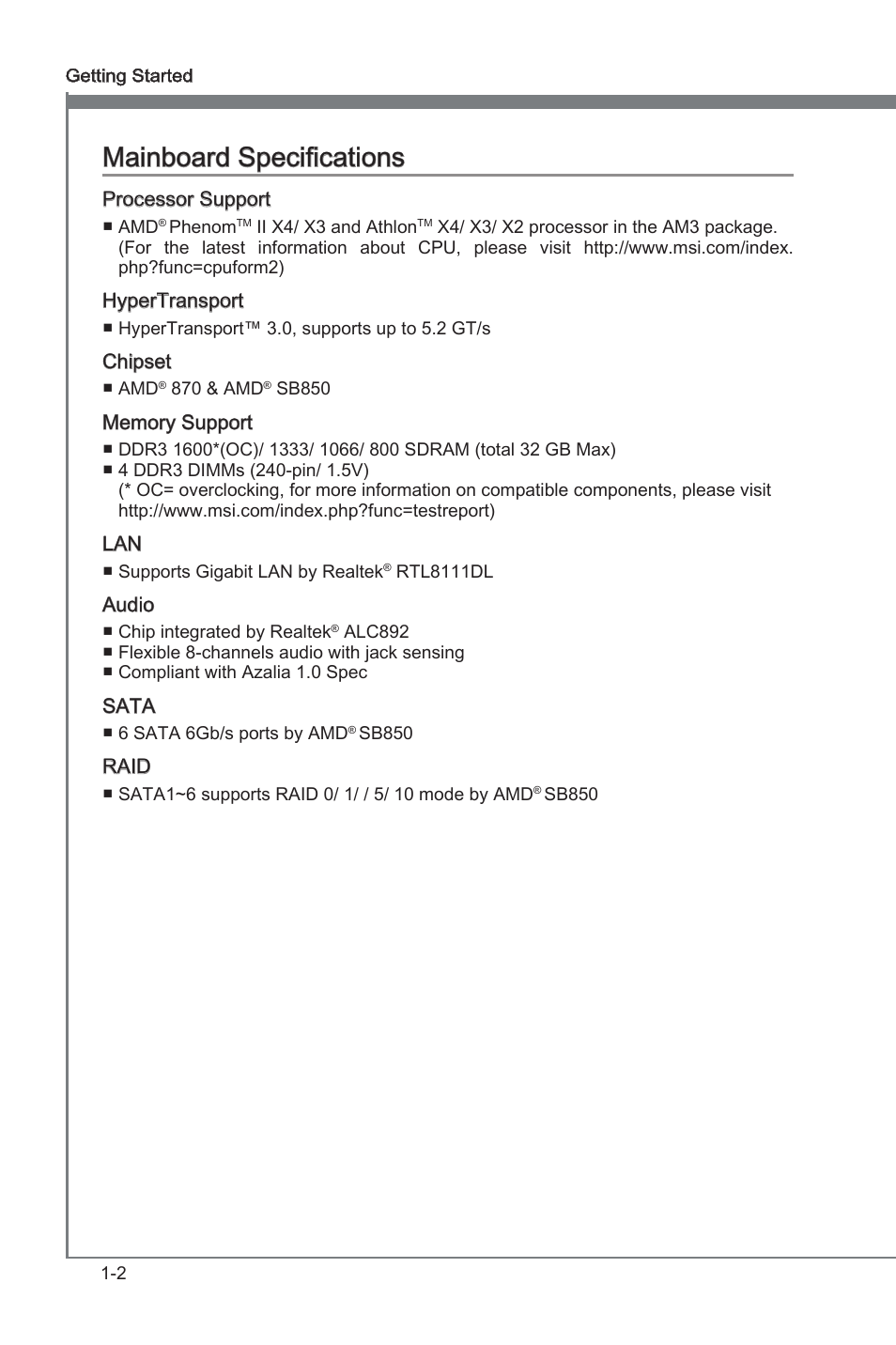 Manboard specficatons -2, Manboard specficatons | MSI 870A-G46 User Manual | Page 12 / 80