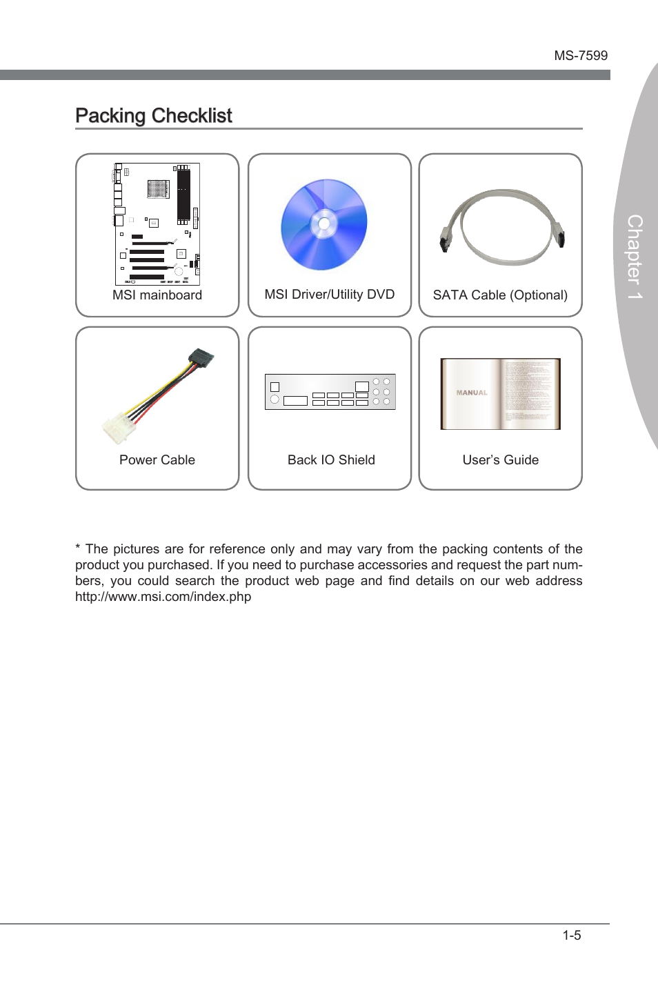 Packng checklst -5, Chapter 1, Packng checklst | MSI 870A-G46 User Manual | Page 15 / 80