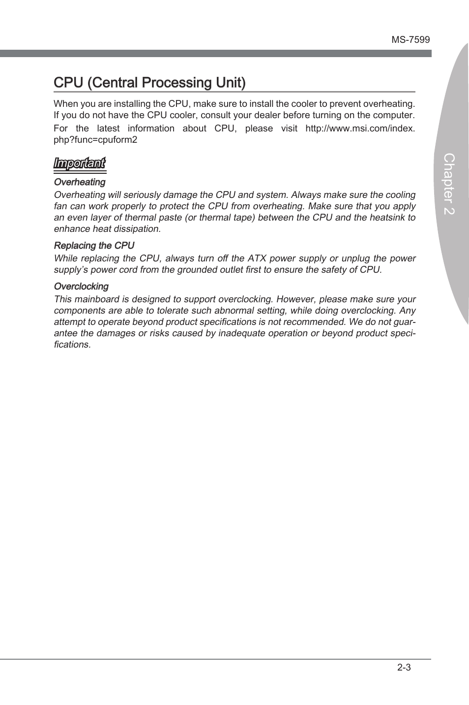 Cpu (central processng unt) -3, Chapter 2 cpu (central processng unt), Important | MSI 870A-G46 User Manual | Page 19 / 80