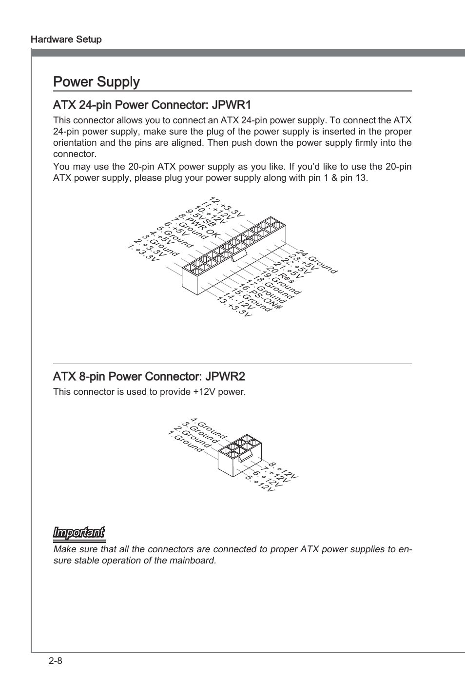 Power supply -8, Power supply, Atx 24-pn power connector: jpwr1 | Atx 8-pn power connector: jpwr2, Important | MSI 870A-G46 User Manual | Page 24 / 80