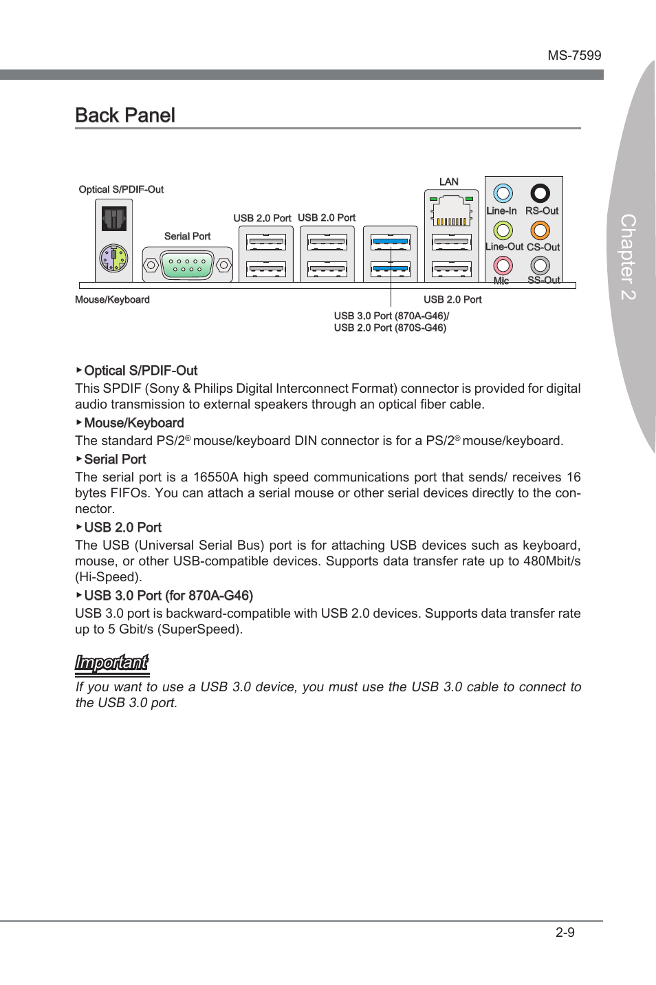 Back panel -9, Chapter 2 back panel, Important | MSI 870A-G46 User Manual | Page 25 / 80