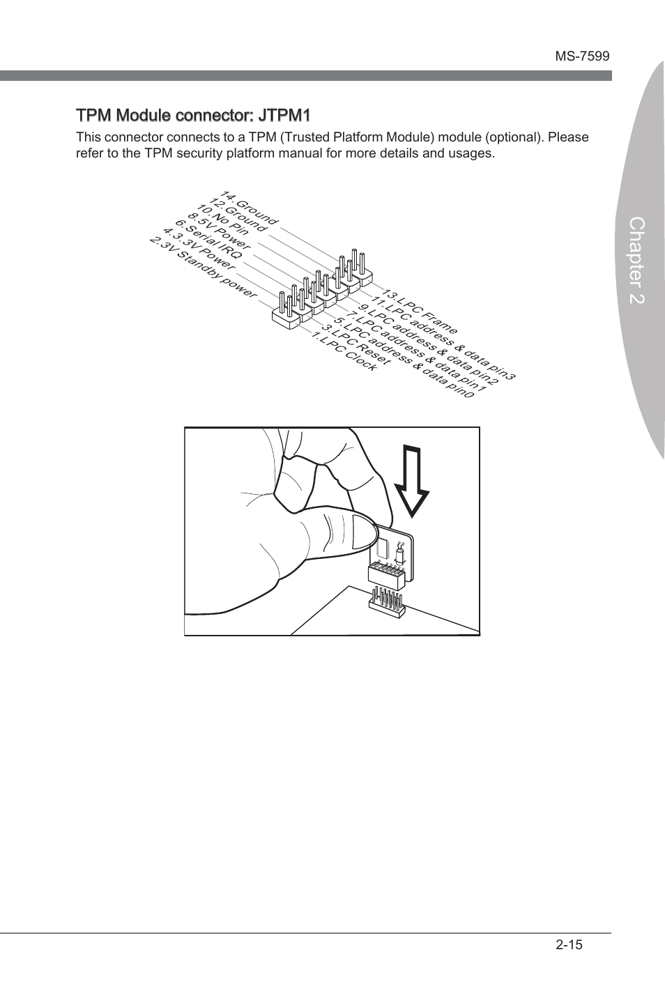 Chapter 2, Tpm module connector: jtpm1 | MSI 870A-G46 User Manual | Page 31 / 80