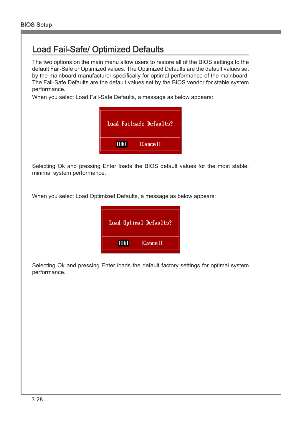 Load fal-safe/ optmzed defaults -28, Chapter 3 load fal-safe/ optmzed defaults | MSI 870A-G46 User Manual | Page 64 / 80