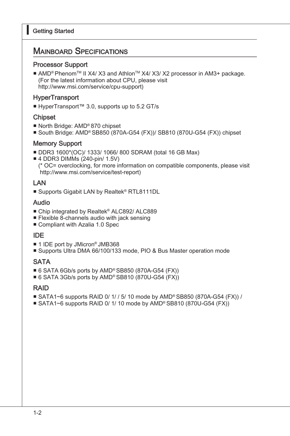 Manboard specficatons -2 | MSI 870A-G54 (FX) User Manual | Page 12 / 84