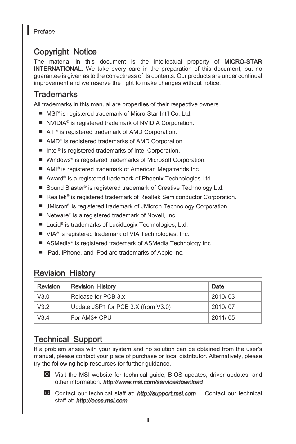 Copyrght notce, Trademarks, Revson hstory | Techncal support | MSI 870A-G54 (FX) User Manual | Page 2 / 84