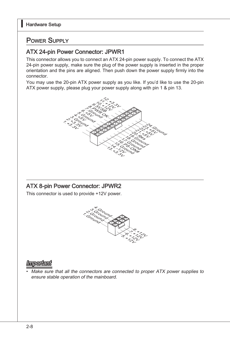 Power supply -8, Atx 24-pn power connector: jpwr1, Atx 8-pn power connector: jpwr2 | Important | MSI 870A-G54 (FX) User Manual | Page 24 / 84