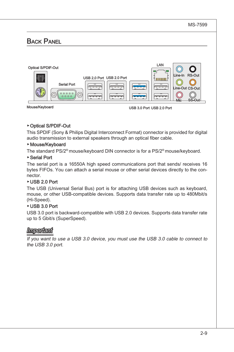 Back panel -9, Important | MSI 870A-G54 (FX) User Manual | Page 25 / 84