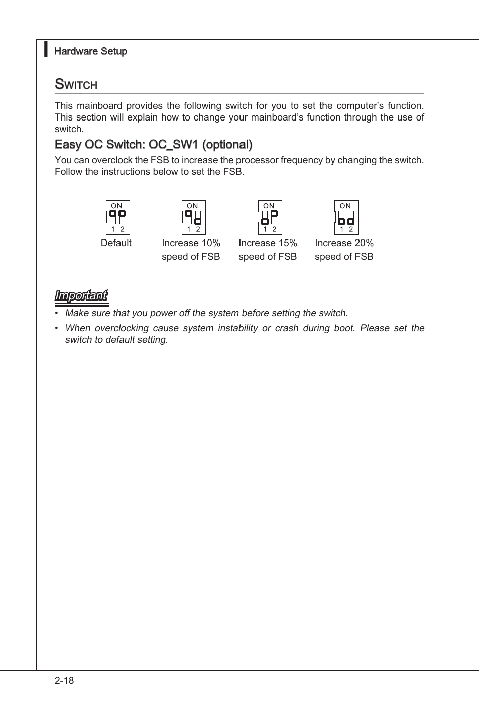 Swtch -18, Easy oc swtch: oc_sw1 (optonal), Important | MSI 870A-G54 (FX) User Manual | Page 34 / 84