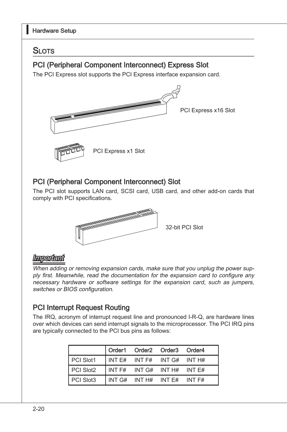 Slots -20, Pci (perpheral component interconnect) slot, Important | Pci interrupt request routng | MSI 870A-G54 (FX) User Manual | Page 36 / 84