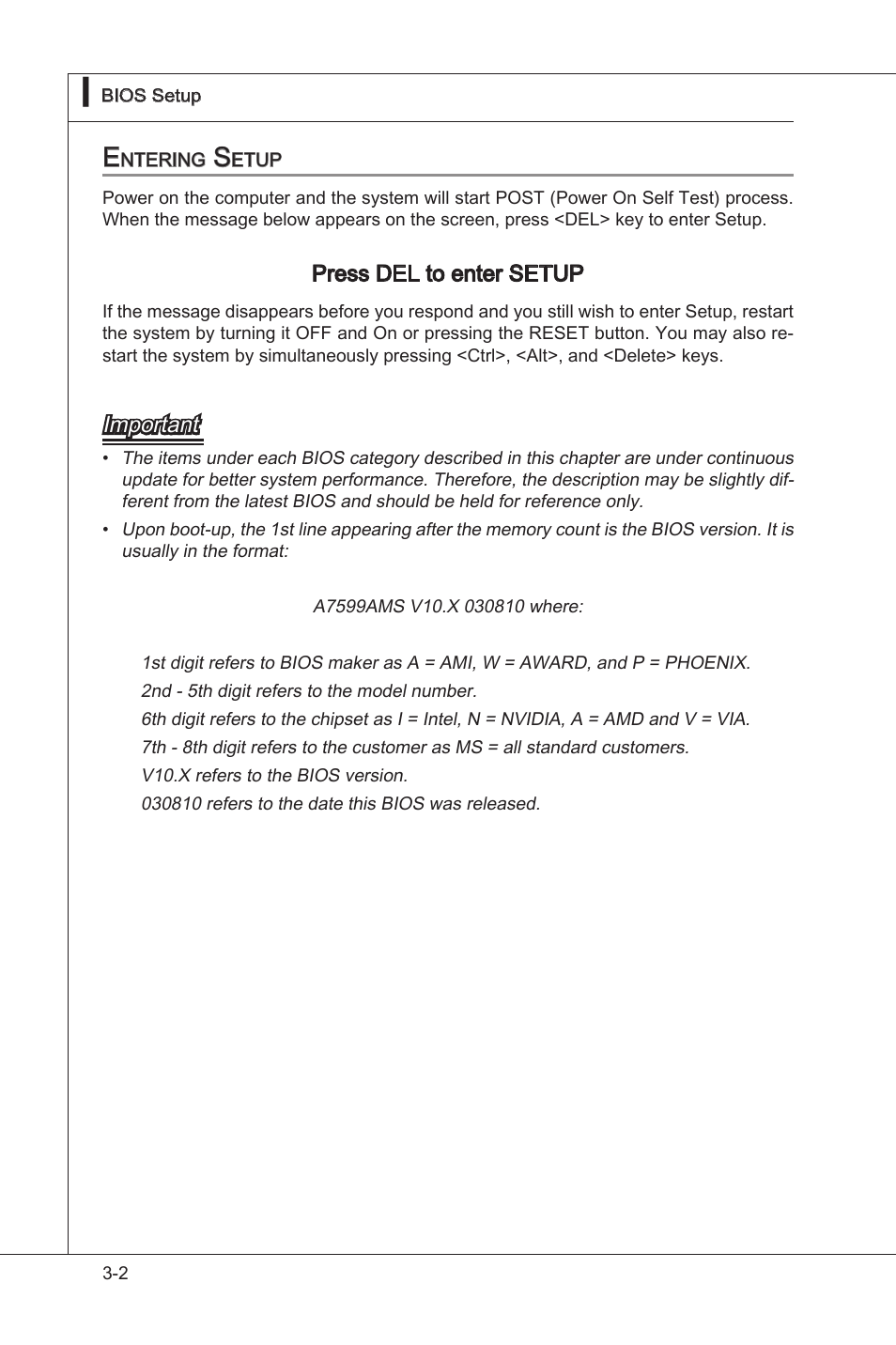 Enterng setup -2, Press del to enter setup, Important | MSI 870A-G54 (FX) User Manual | Page 42 / 84