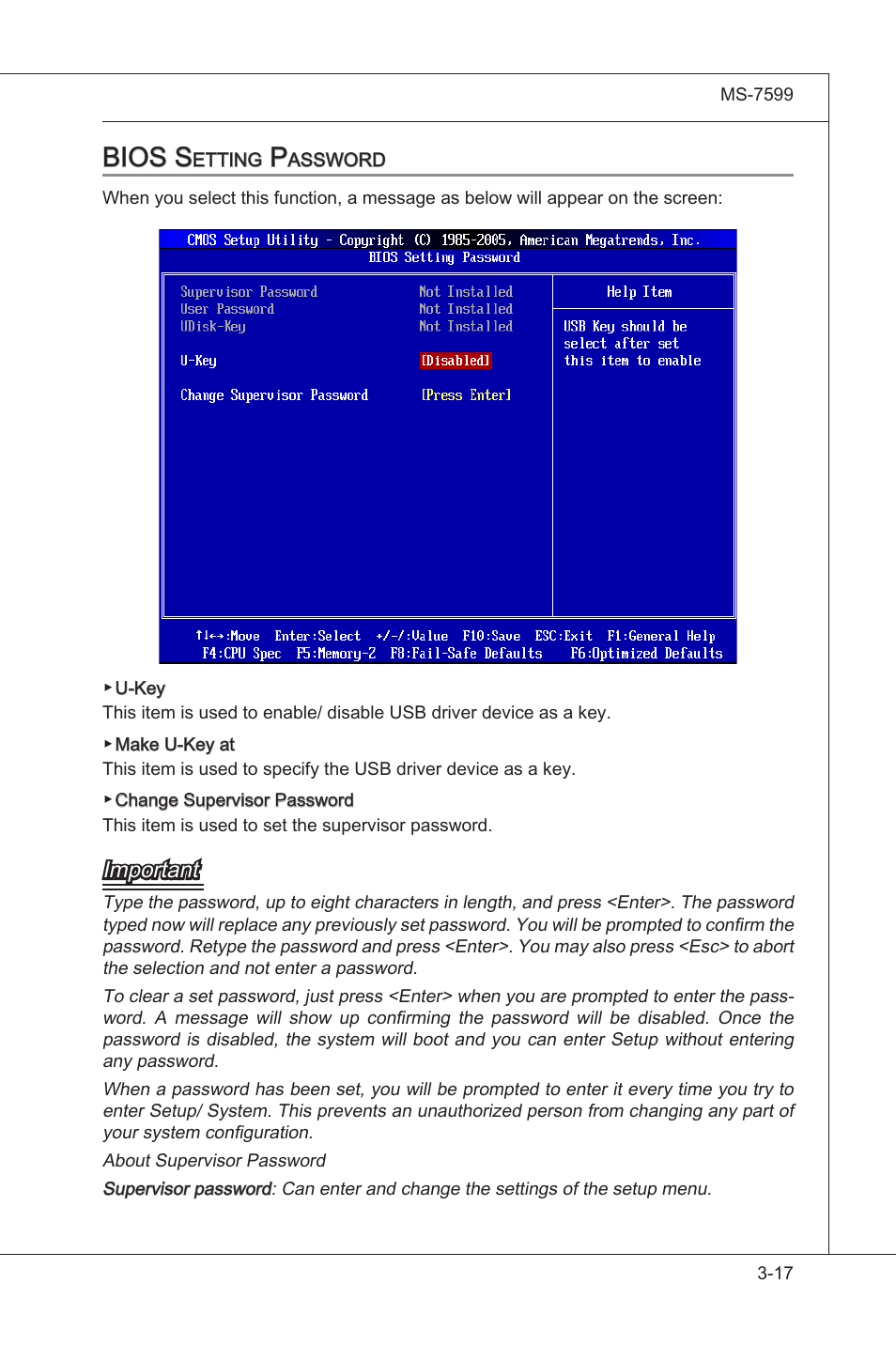 Bios settng password -17, Bios s, Important | MSI 870A-G54 (FX) User Manual | Page 57 / 84