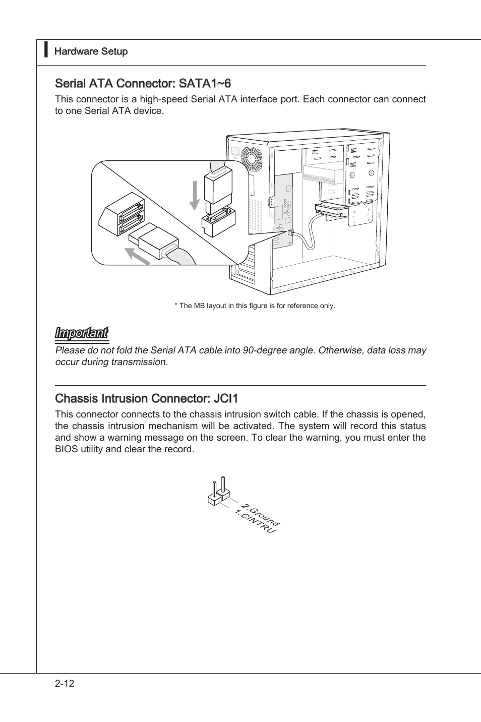 Seral ata connector: sata1~6, Important, Chasss intruson connector: jci1 | MSI 870A-G54 User Manual | Page 27 / 83