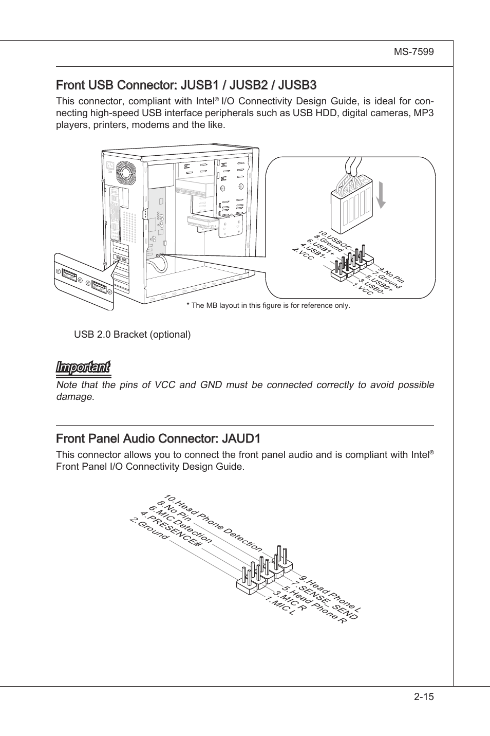 Front usb connector: jusb1 / jusb2 / jusb3, Important, Front panel audo connector: jaud1 | MSI 870A-G54 User Manual | Page 30 / 83