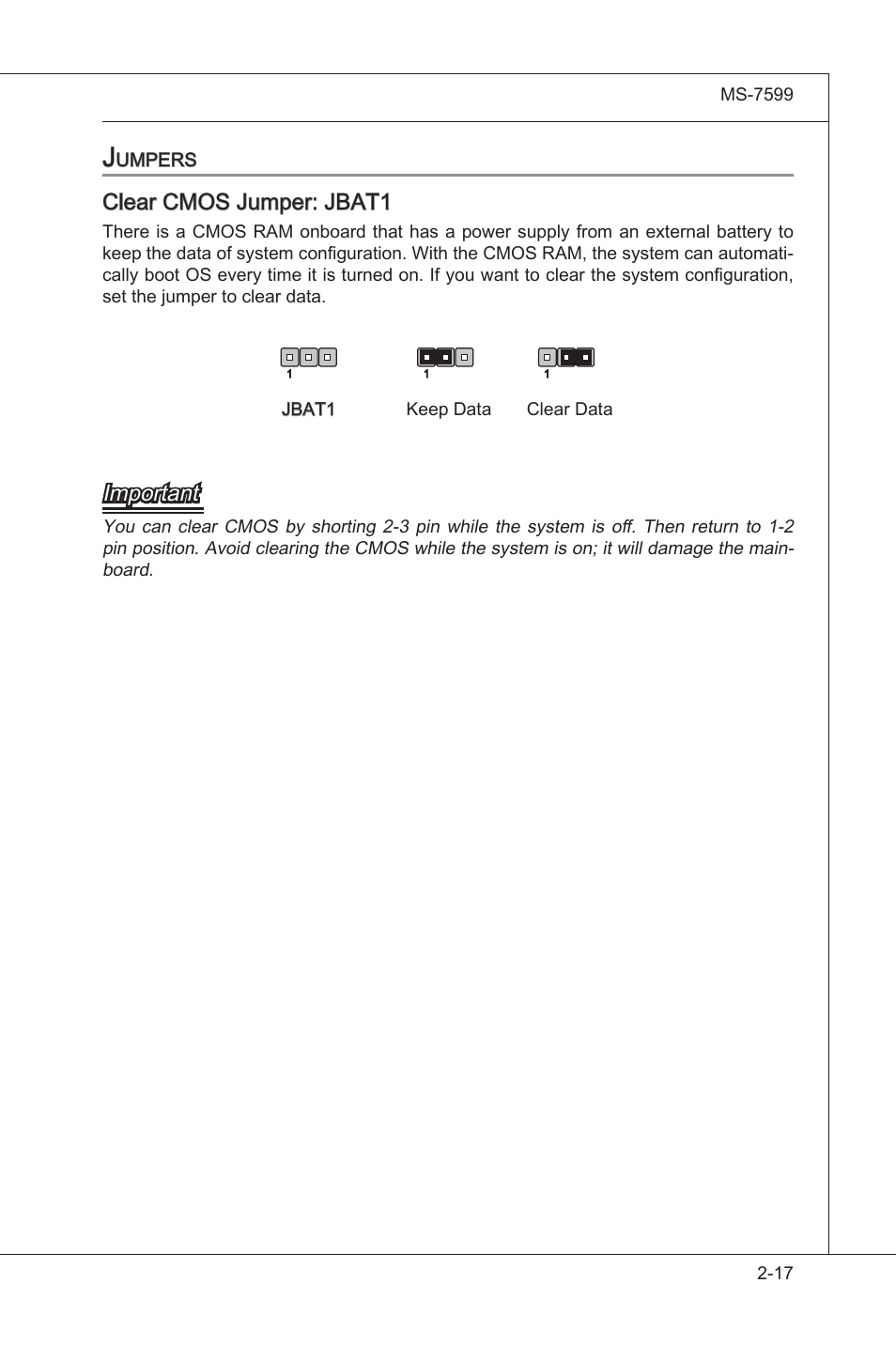 Clear cmos jumper: jbat1, Important | MSI 870A-G54 User Manual | Page 32 / 83