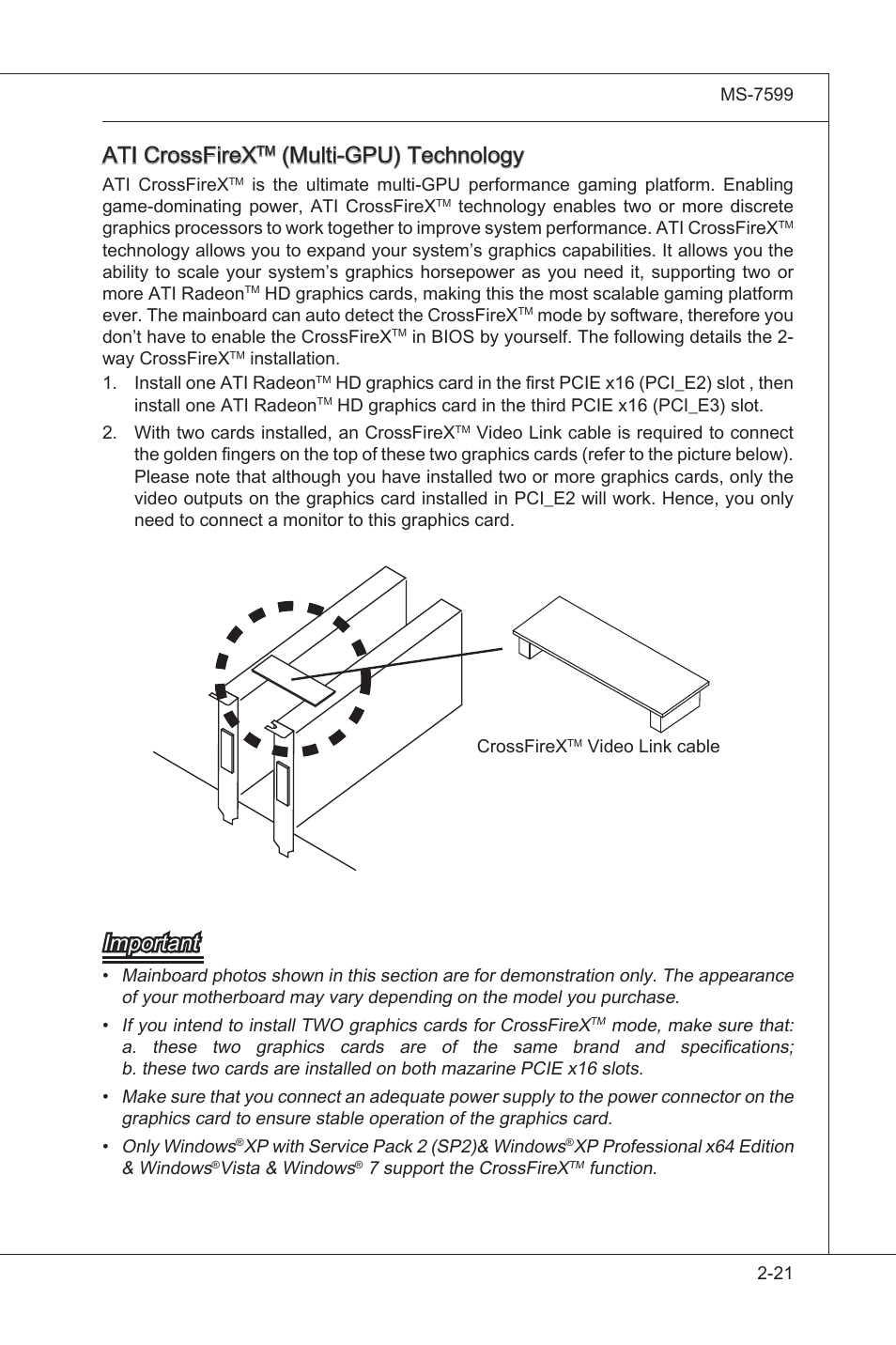 Ati crossfrex, Mult-gpu) technology, Important | MSI 870A-G54 User Manual | Page 36 / 83