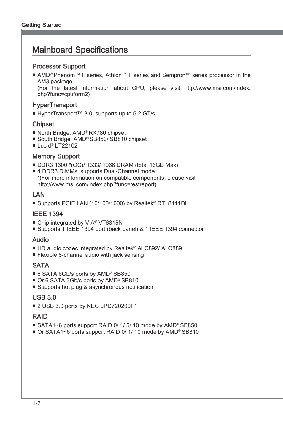 Chapter 1, Chapter 1 manboard specficatons | MSI 870A Fuzion Power Edition User Manual | Page 12 / 86