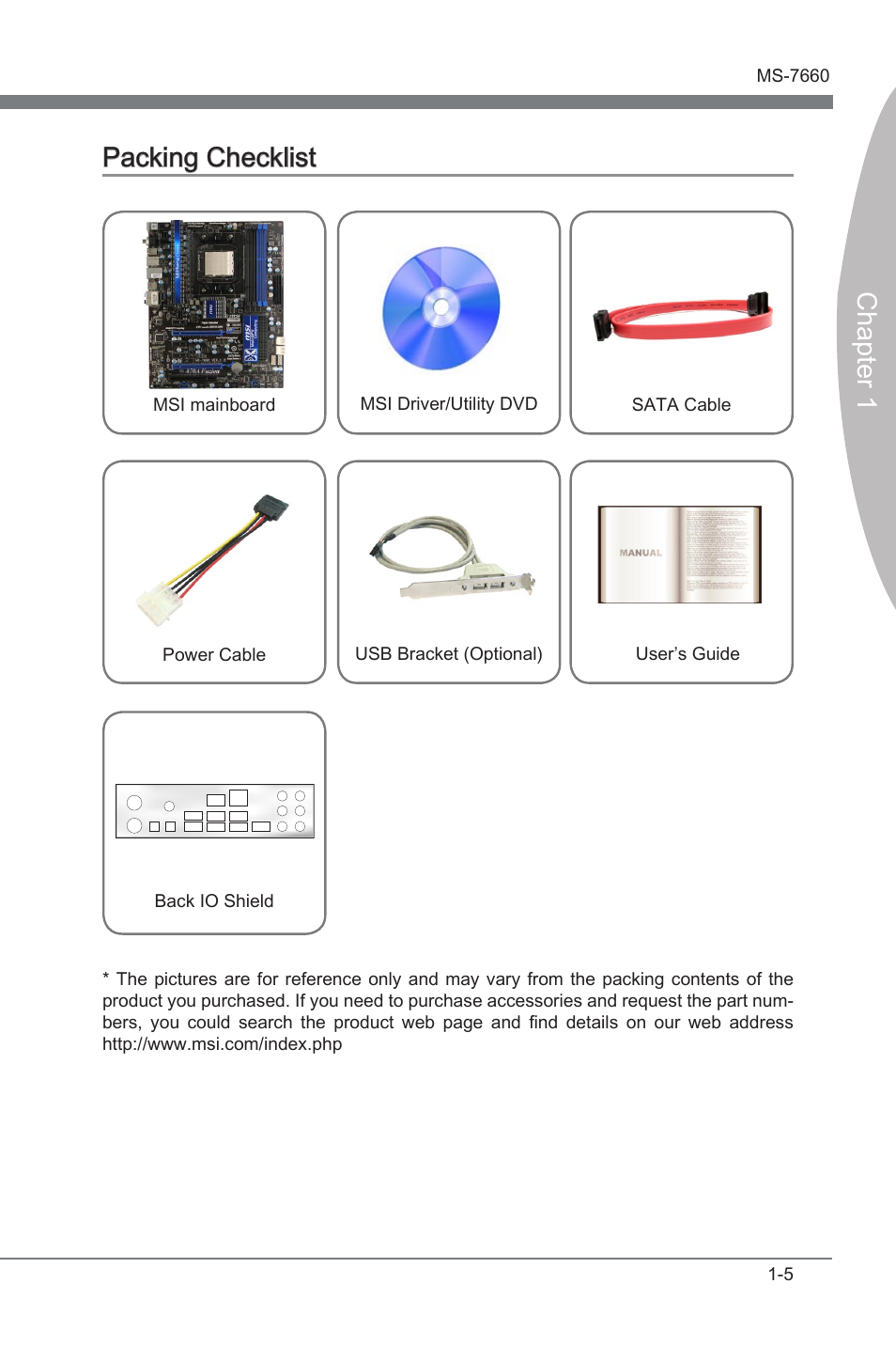 Chapter 1, Packng checklst | MSI 870A Fuzion Power Edition User Manual | Page 15 / 86