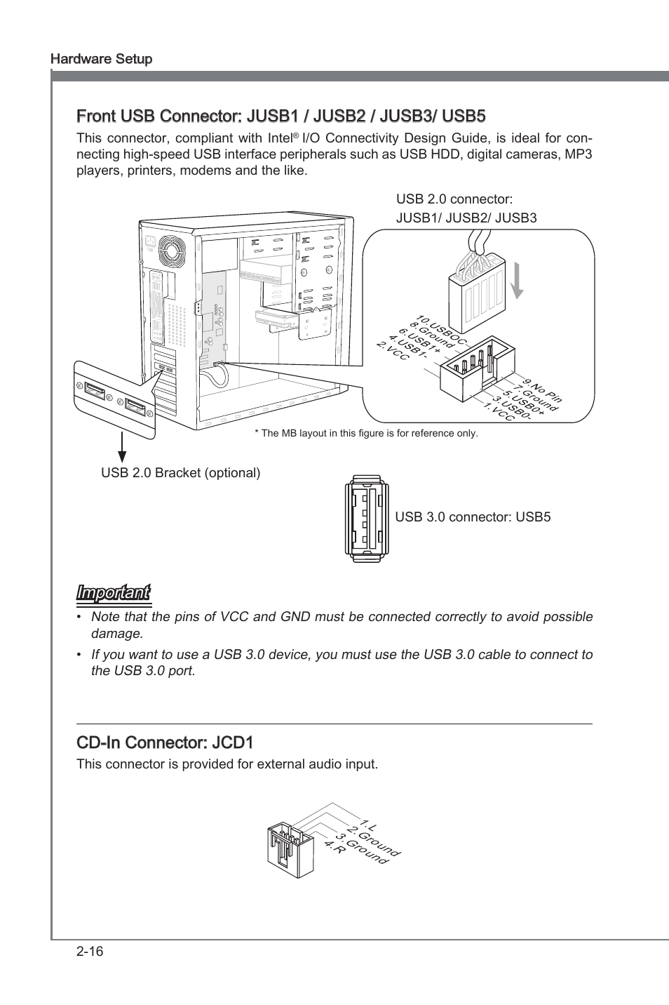 Chapter 2, Front usb connector: jusb1 / jusb2 / jusb3/ usb5, Important | Cd-in connector: jcd1 | MSI 870A Fuzion Power Edition User Manual | Page 32 / 86