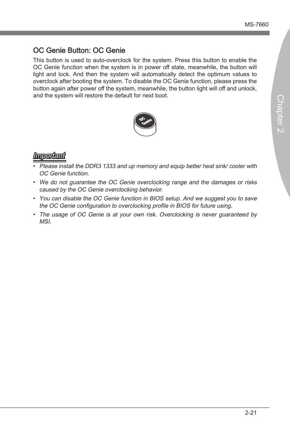 Chapter 2, Oc gene button: oc gene, Important | MSI 870A Fuzion Power Edition User Manual | Page 37 / 86