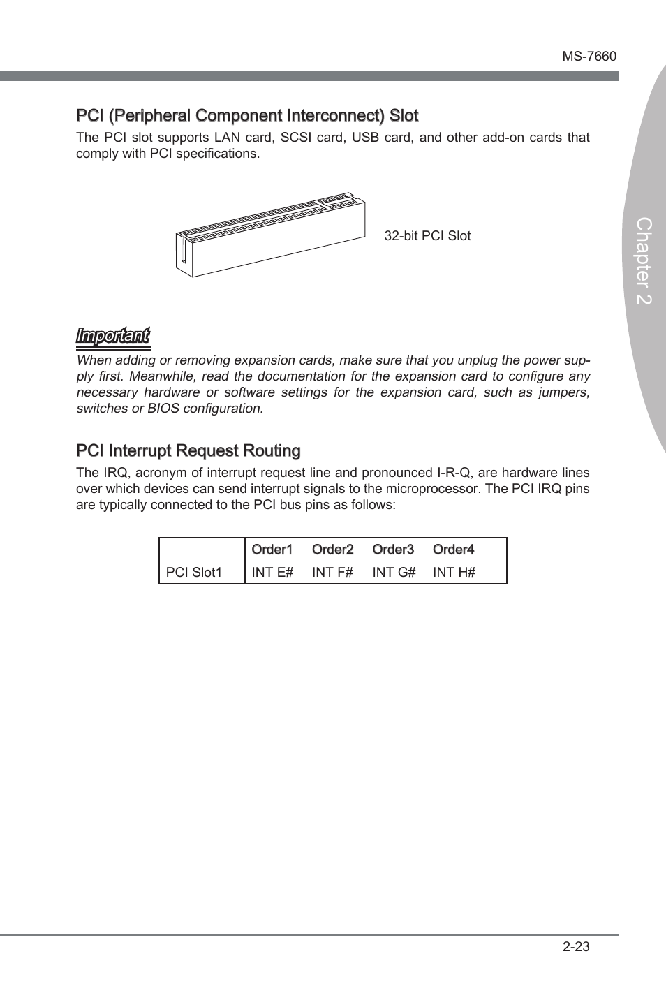 Chapter 2, Pci (perpheral component interconnect) slot, Important | Pci interrupt request routng | MSI 870A Fuzion Power Edition User Manual | Page 39 / 86