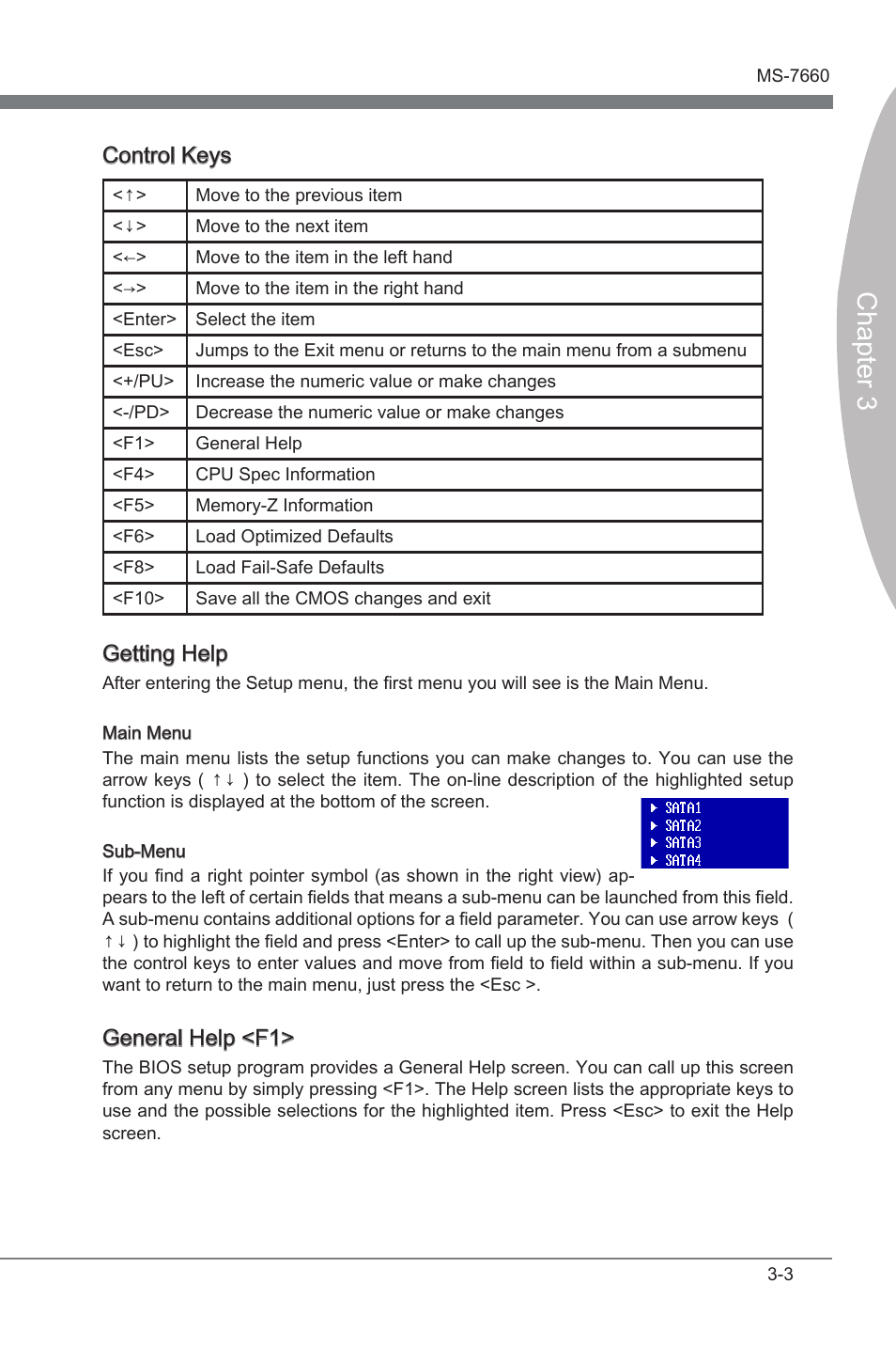 Chapter 3, Control keys, Gettng help | General help <f1 | MSI 870A Fuzion Power Edition User Manual | Page 45 / 86