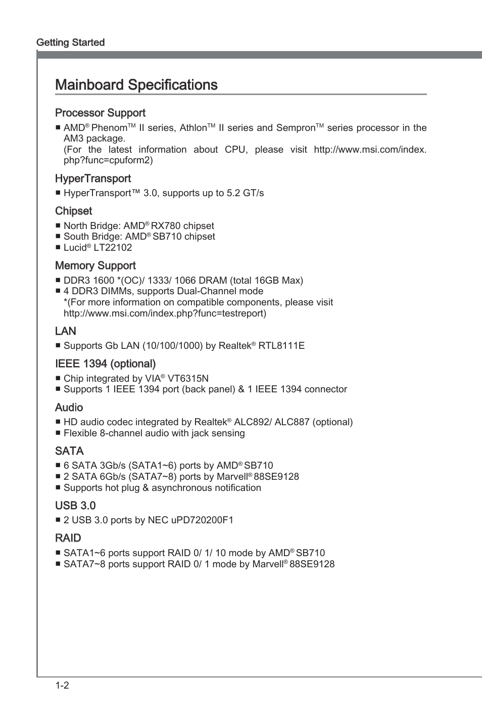 Manboard specficatons -2, Chapter 1, Chapter 1 manboard specficatons | MSI 870A Fuzion User Manual | Page 12 / 94