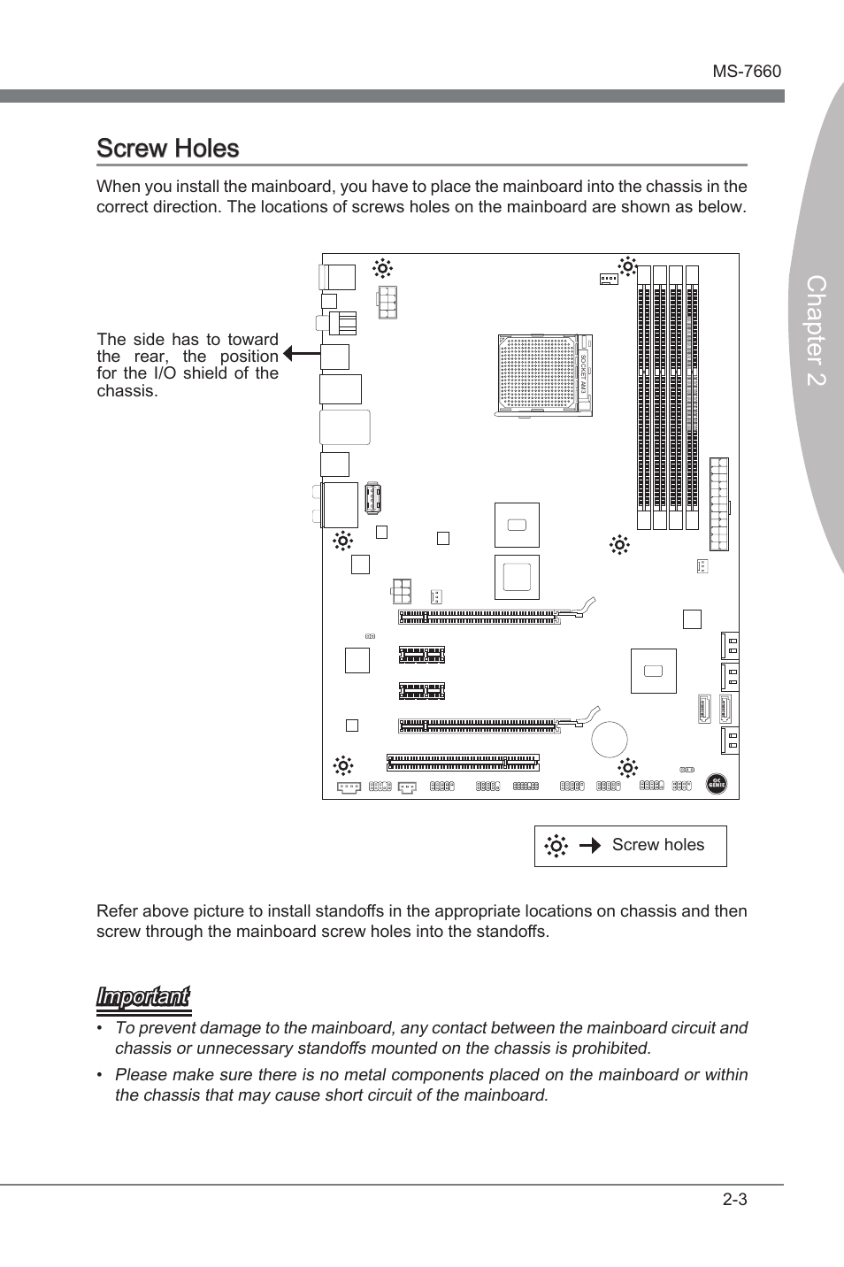 Screw holes -3, Chapter 2, Chapter 2 screw holes | Important | MSI 870A Fuzion User Manual | Page 19 / 94