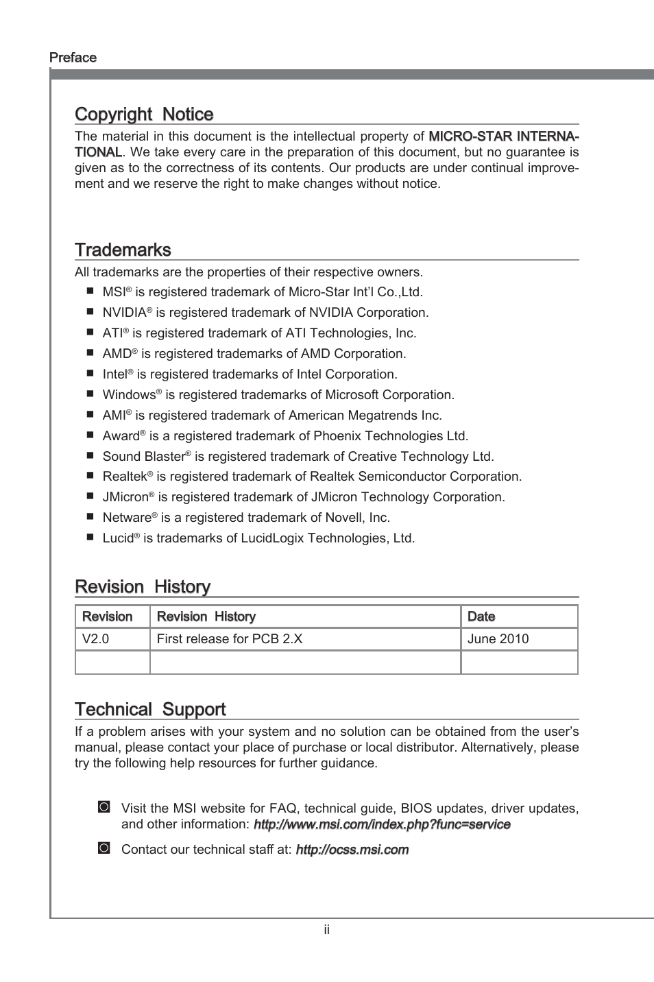 Preface, Copyrght notce, Trademarks | Revson hstory, Techncal support | MSI 870A Fuzion User Manual | Page 2 / 94