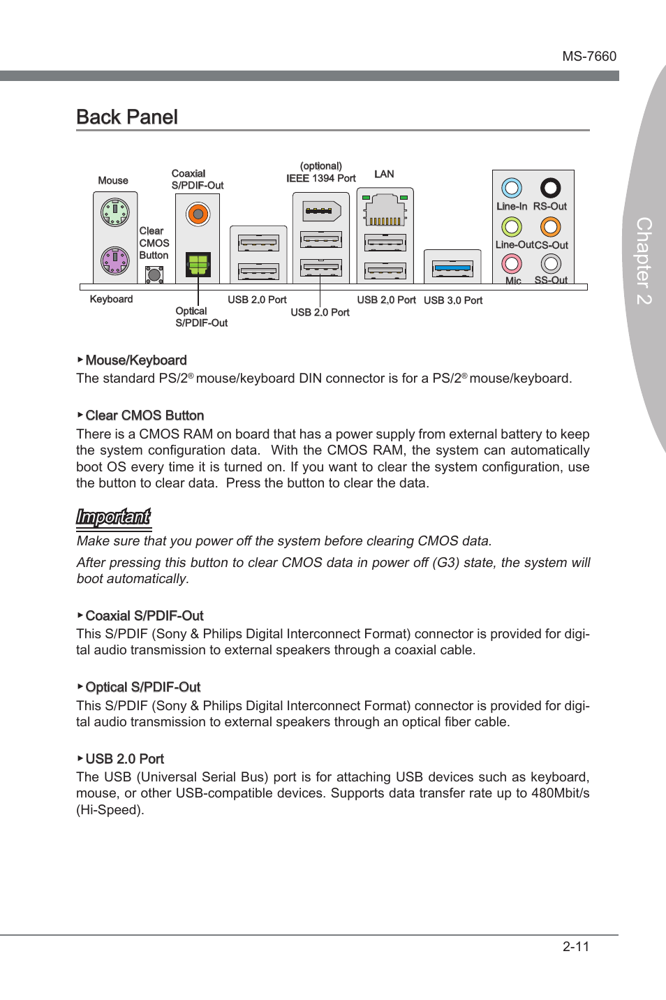 Back panel -11, Chapter 2, Chapter 2 back panel | Important | MSI 870A Fuzion User Manual | Page 27 / 94