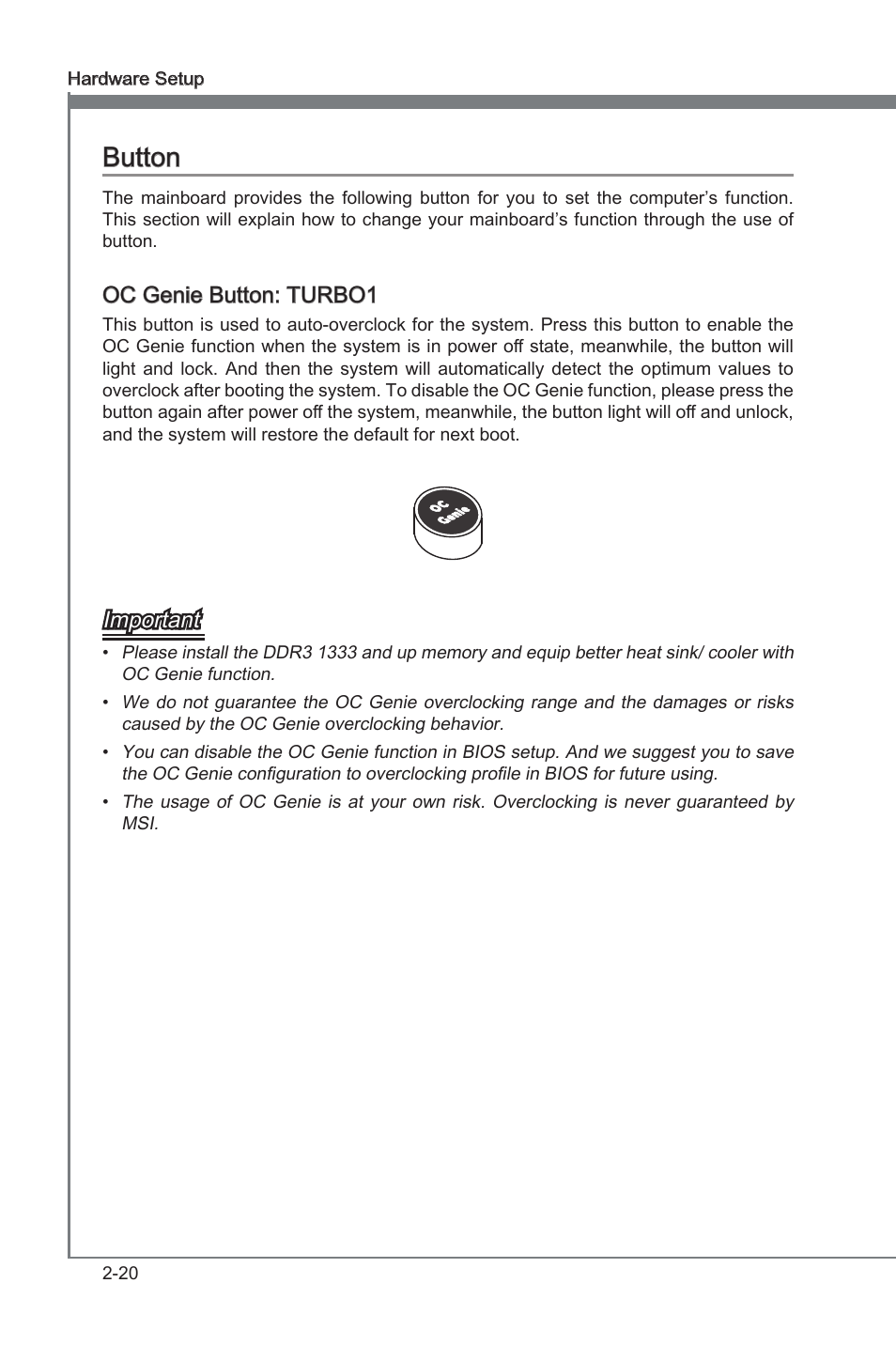 Button -20, Chapter 2, Chapter 2 button | Oc gene button: turbo1, Important | MSI 870A Fuzion User Manual | Page 36 / 94