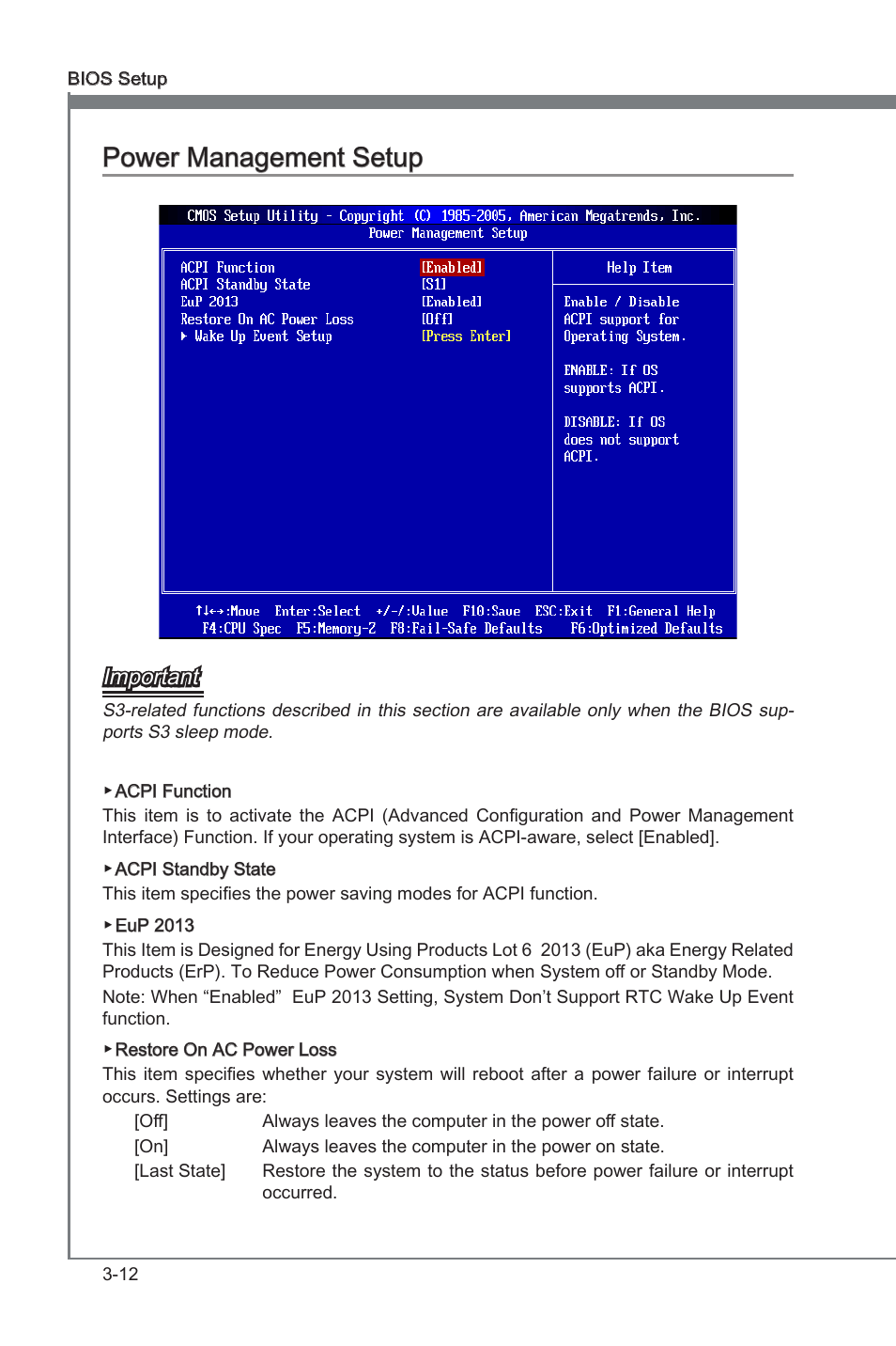 Power management setup -12, Chapter 3, Chapter 3 power management setup | Important | MSI 870A Fuzion User Manual | Page 52 / 94