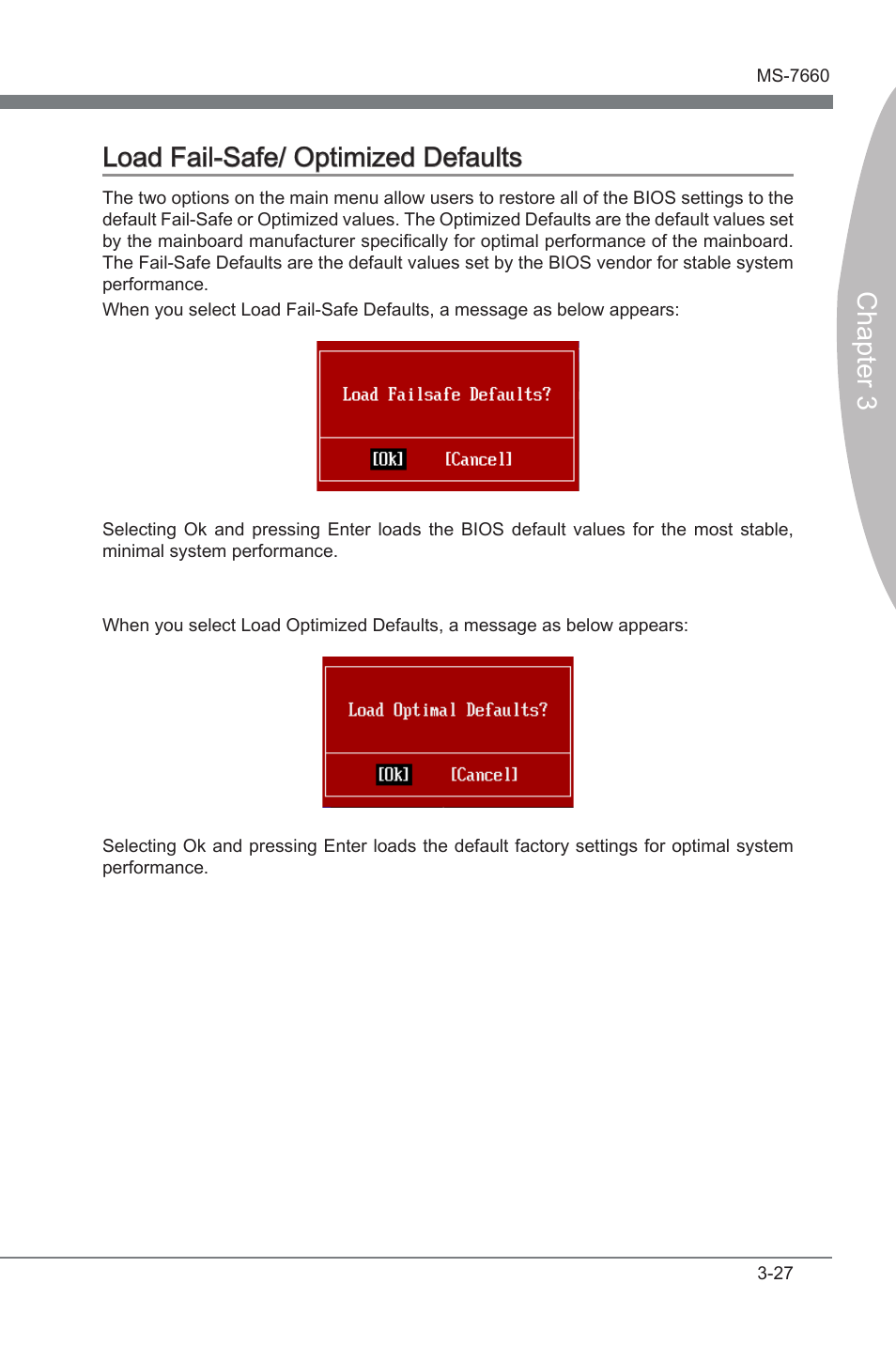 Load fal-safe/ optmzed defaults -27, Chapter 3, Chapter 3 load fal-safe/ optmzed defaults | MSI 870A Fuzion User Manual | Page 67 / 94