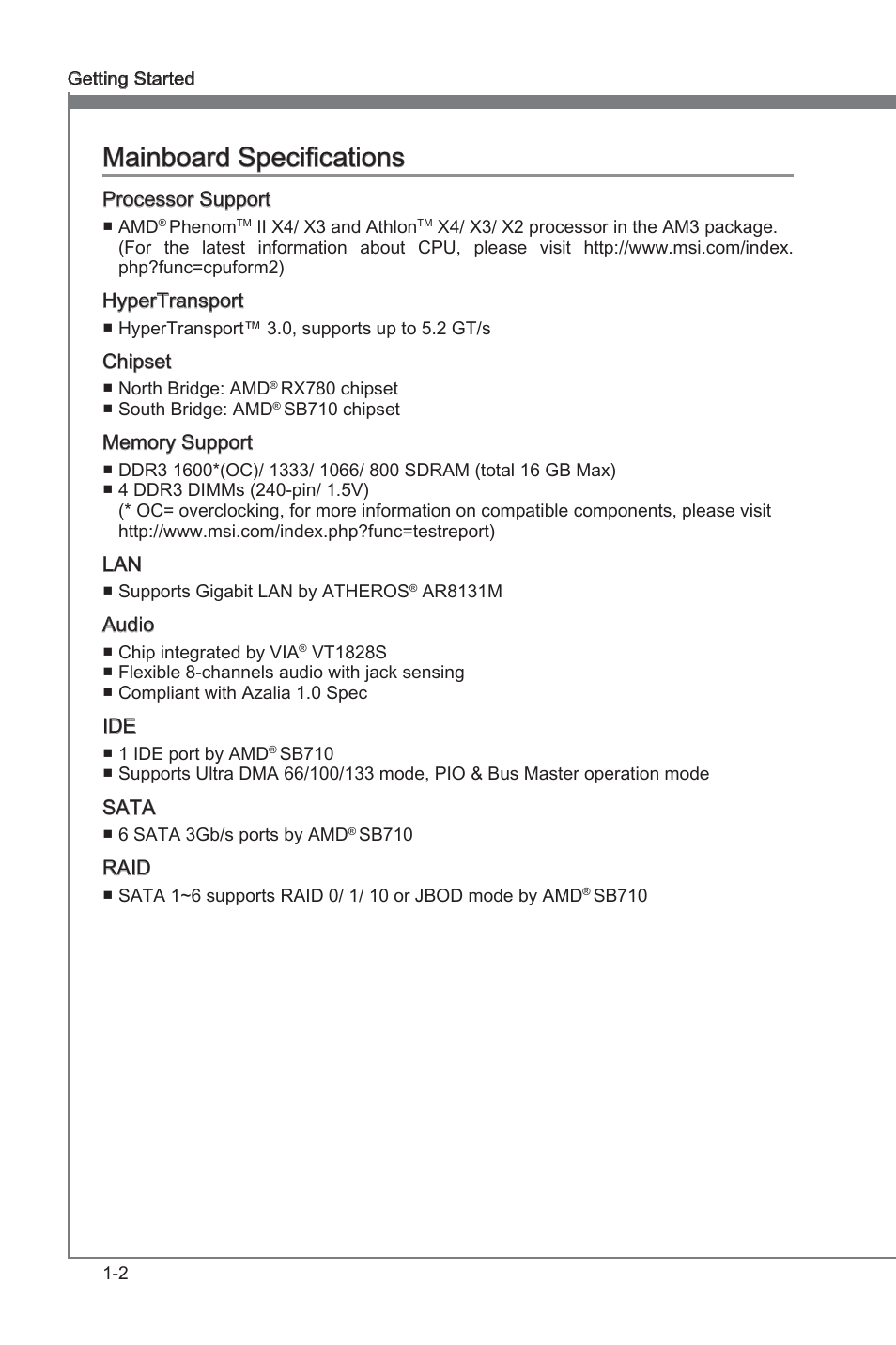 Manboard specficatons -2, Chapter 1, Chapter 1 manboard specficatons | MSI 870-G45 User Manual | Page 11 / 104